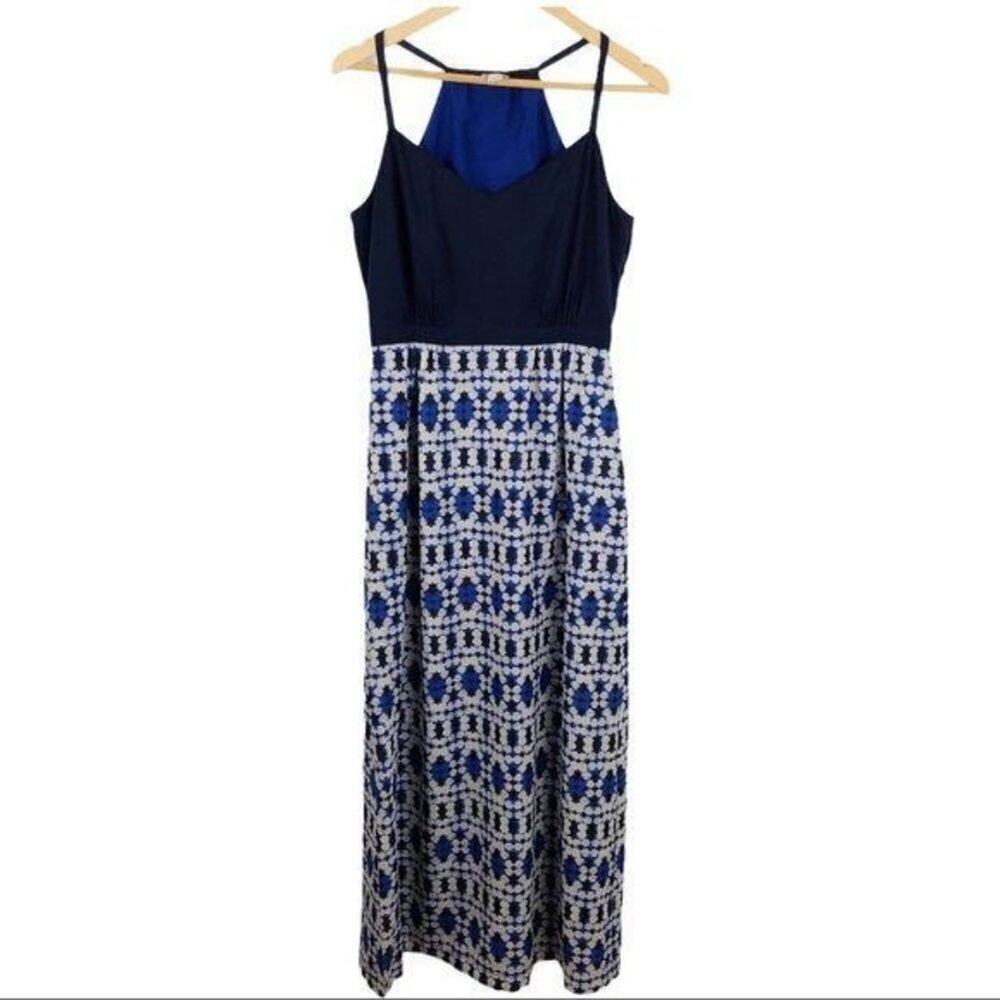 J. Crew Navy Geometric Printed Maxi Dress Long Spaghetti Strap Halter Neck SZ 6
